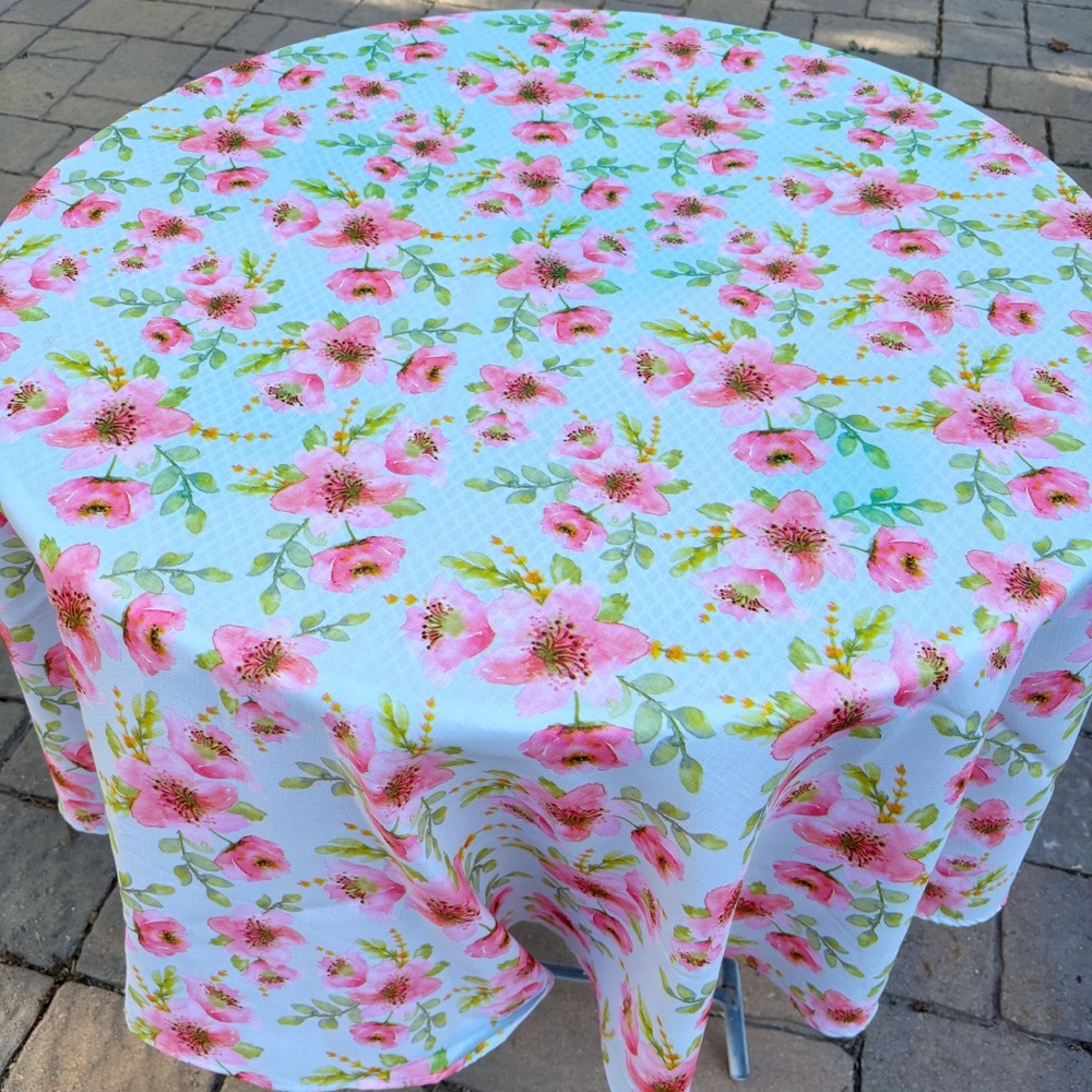 Pink Blue Floral Flower Round Tablecloth Cottage 76”